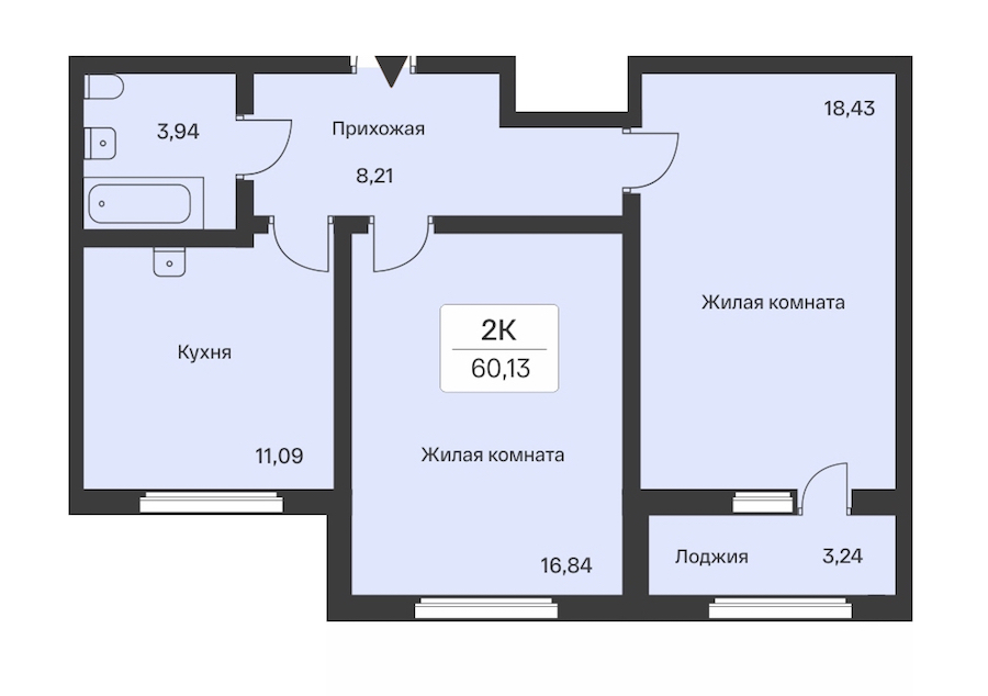 2-комнатная квартира 60.13 м², 3/9 эт., ЖК «Расцветай в Янино»